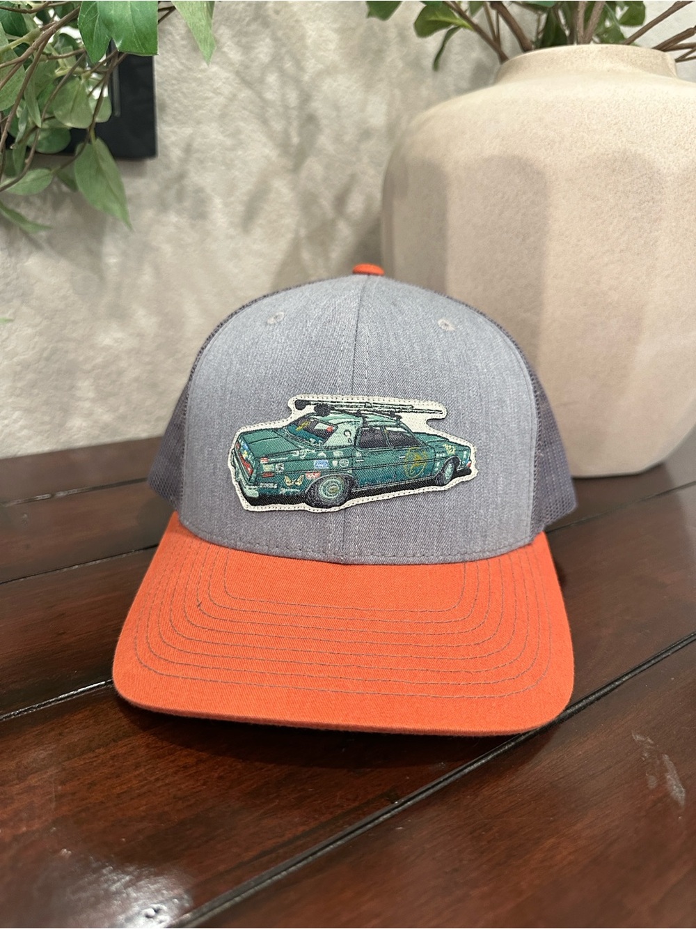 Kids Two-Tone Gray and Orange Baseball Hat with Car Patch